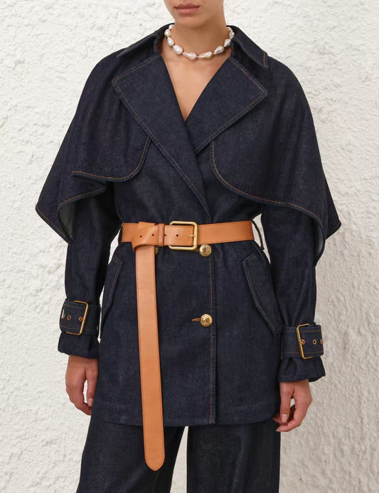 Zimmermann Women Denim Jacket Coat Cotton Dark Blue Belted Oversize Long Sleeve 2501013Zim