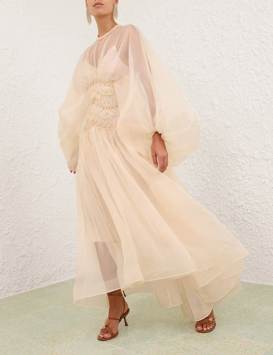 Zimmermann Illuminate gown maxi dress blush beige rear button slip dress silk long puff sleeves 2506019Zim