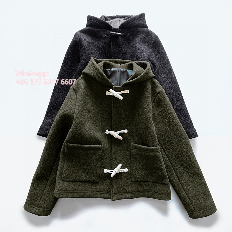 2310016TT Toteme Woolen Coat Hoodie Wood Button Army Green Dark Gray Long Sleeve Short Length