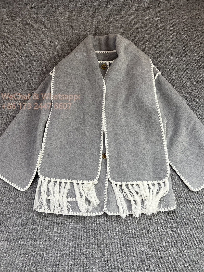 Toteme scarf collar jacket coat wool blended light gray warm tassels oversize 2211027TT