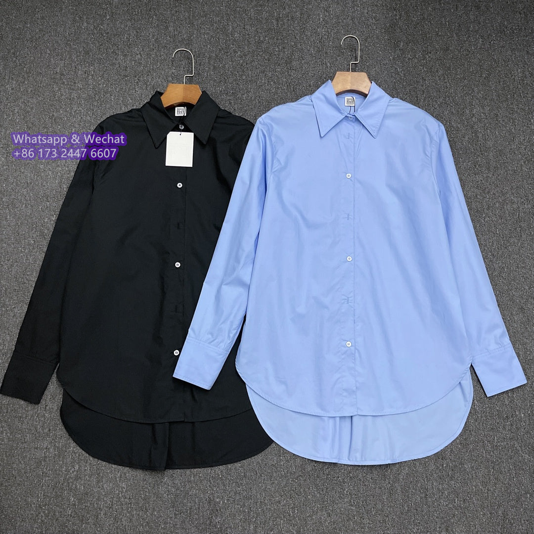 Toteme Women Blouse Cotton Shirt Oversize Blue Black Long Sleeve Front Button high-low hem 2408031TT