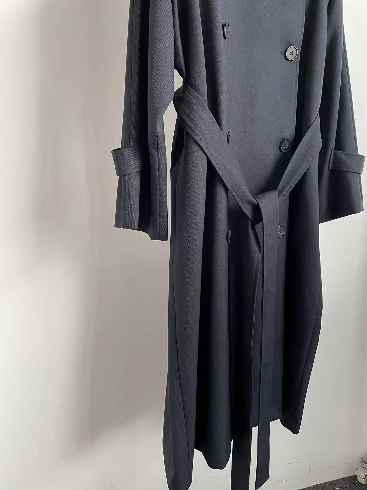 The Row winter midi coat jacket trench dark blue oversize pocket drop shoulder belted 2409006TR