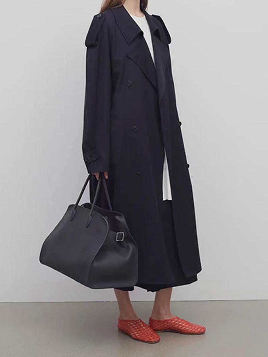 The Row winter midi coat jacket trench dark blue oversize pocket drop shoulder belted 2409006TR