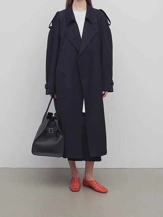 The Row winter midi coat jacket trench dark blue oversize pocket drop shoulder belted 2409006TR