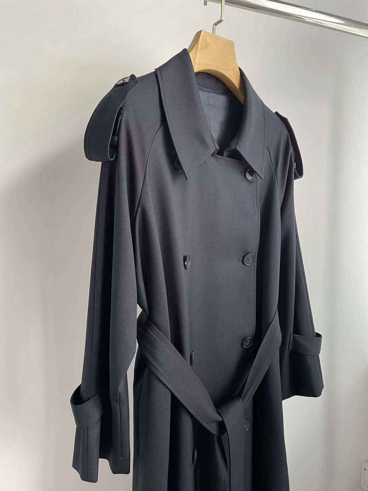 The Row winter midi coat jacket trench dark blue oversize pocket drop shoulder belted 2409006TR