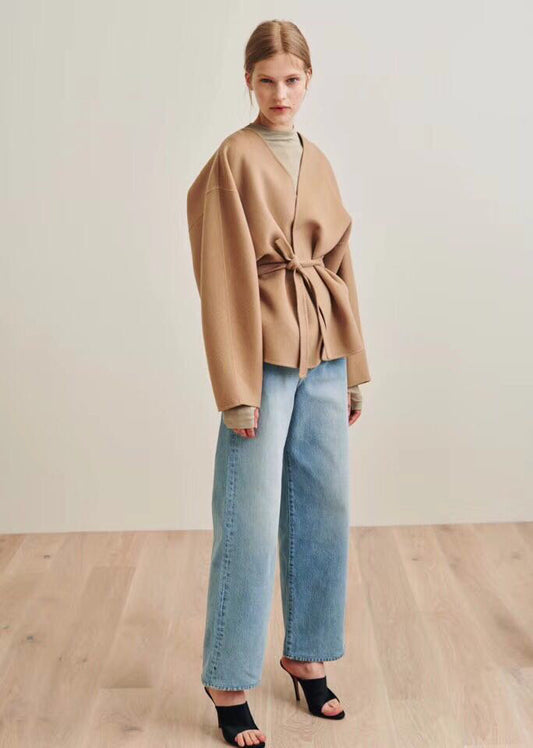 Toteme woolen jacket camel solid color no-button belted oversize drop shoulder winter 2003to002TTM