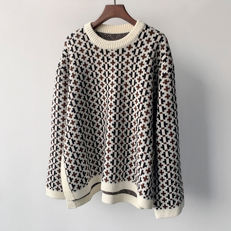 Toteme wool sweater oversize pullover long sleeve side slit crew-neck cross knit 2410055TT