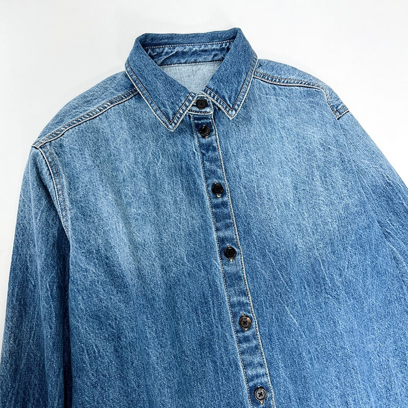 The Row Women Denim Jacket Blue Coat Oversize Front Button Drop Shoulder Long Length 2208014TR