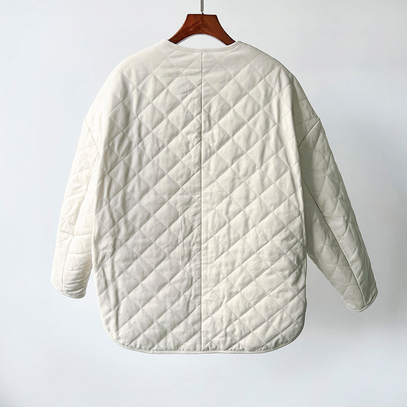 Toteme Winter Jacket Coat Argyle Beige Cotton Front Button Long Sleeve Round Neck Pocket 2208105TT_O