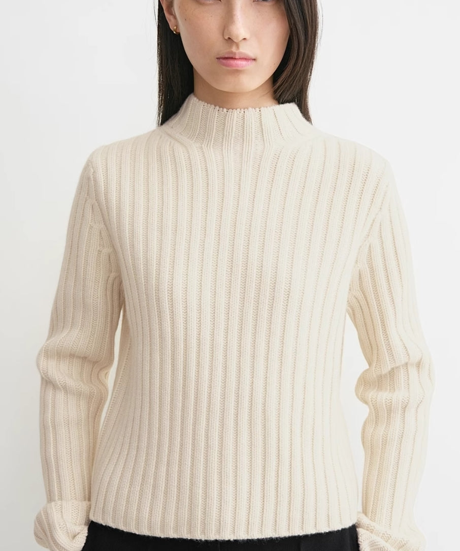 Toteme winter sweater wool black beige color long sleeve rib knitted stand collar 2409022TT