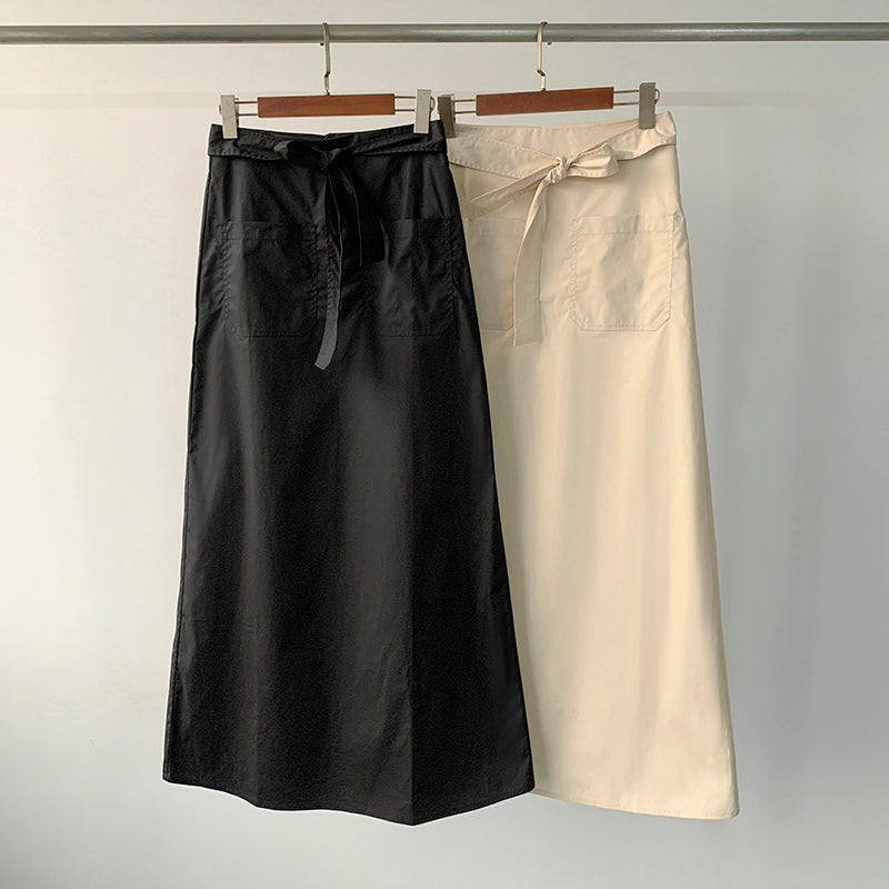 Toteme midi skirt tie waist black beige cotton solid color pocket straight autumn summer TT_052704