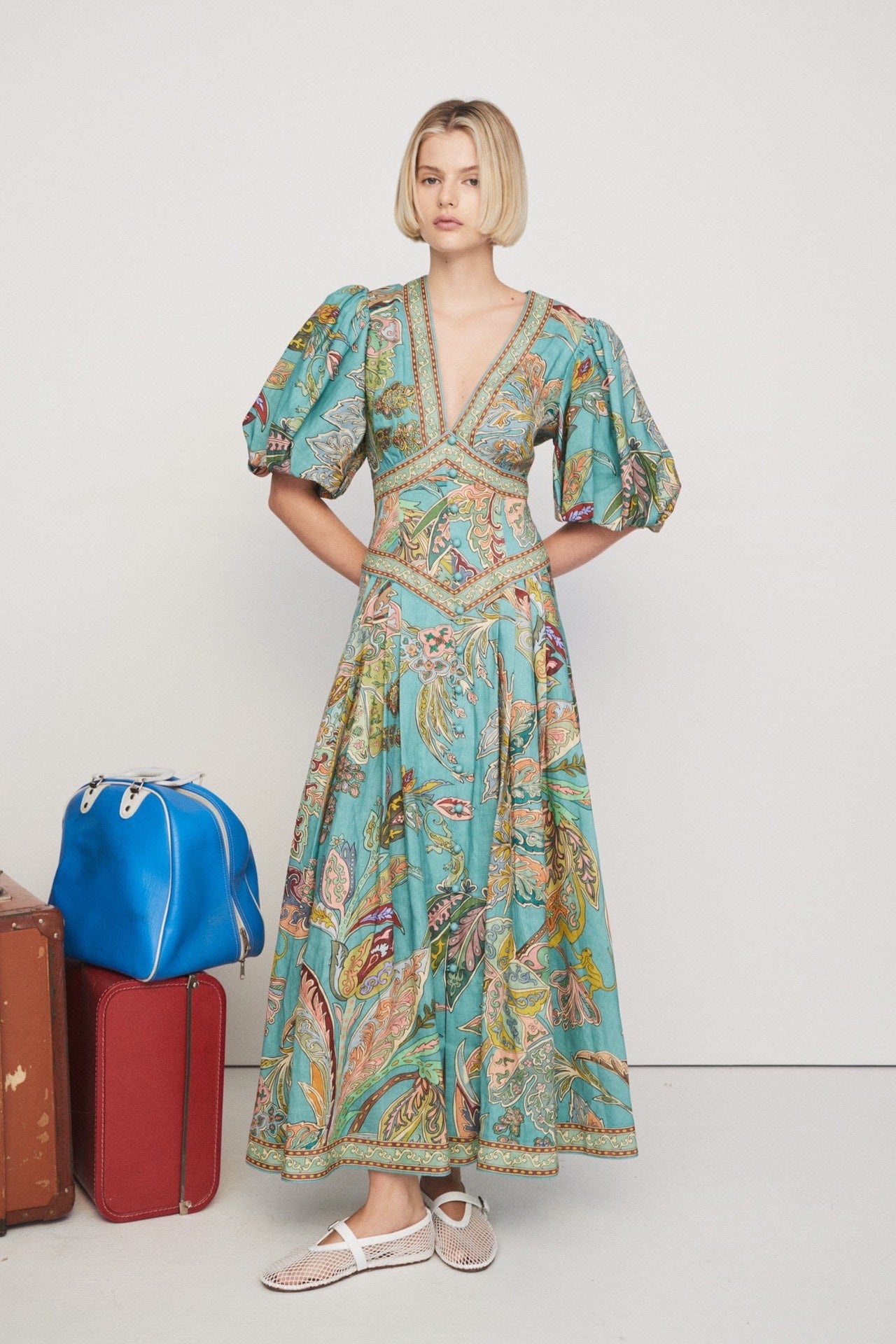 Alemais Franca midi dress blue linen blended paisley print short puff sleeves pockets decorative button 2409062AL