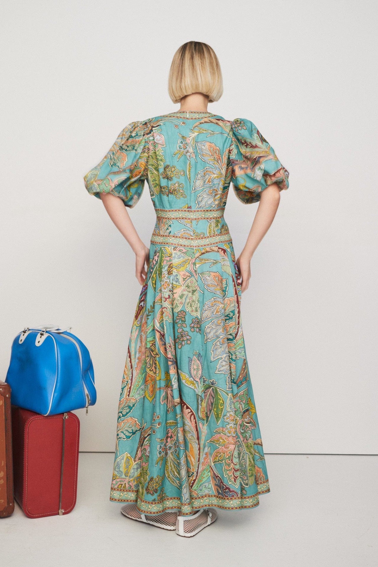 Alemais Franca midi dress blue linen blended paisley print short puff sleeves pockets decorative button 2409062AL