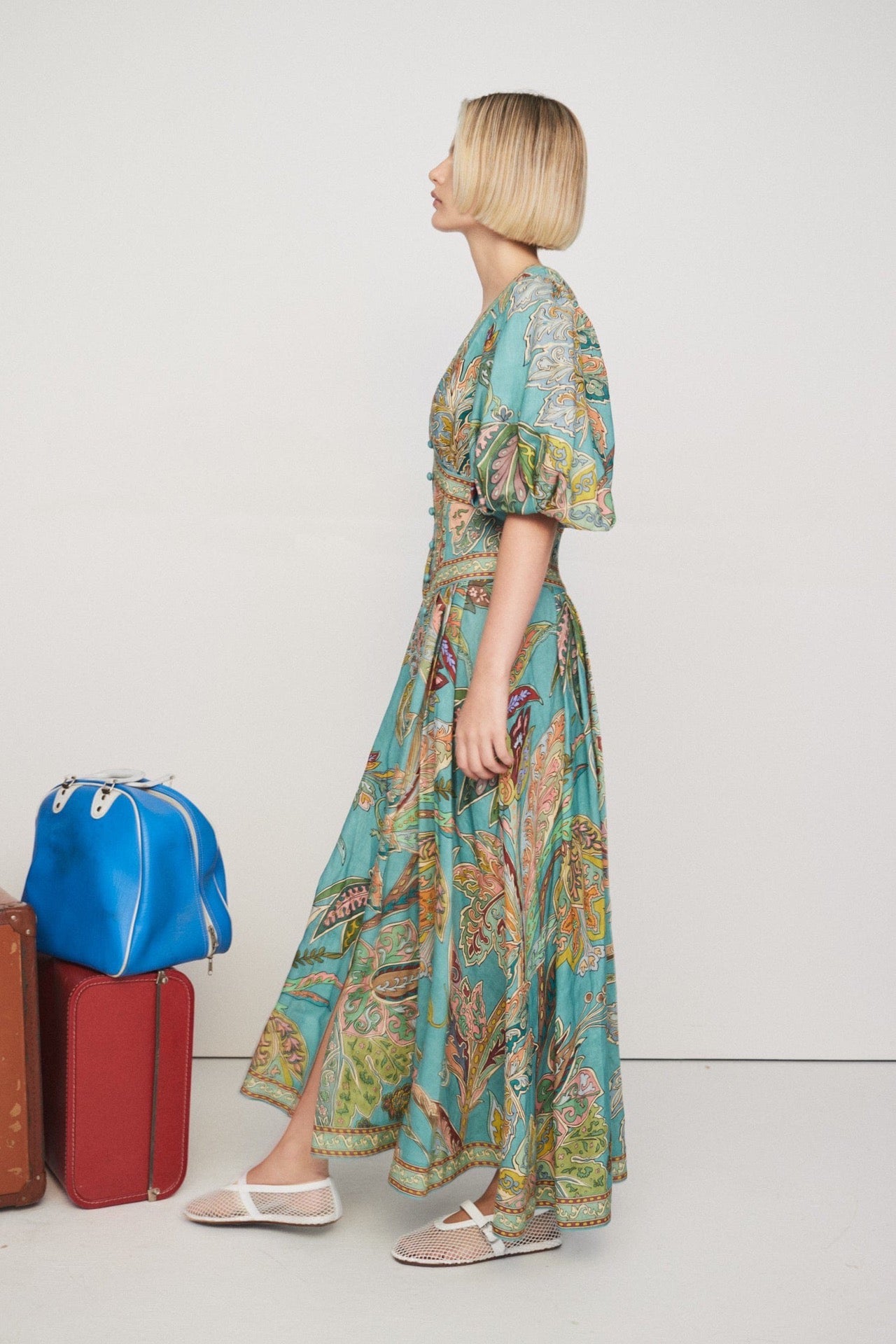 Alemais Franca midi dress blue linen blended paisley print short puff sleeves pockets decorative button 2409062AL