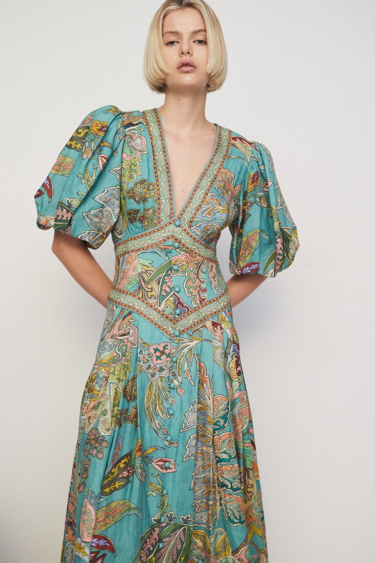 Alemais Franca midi dress blue linen blended paisley print short puff sleeves pockets decorative button 2409062AL