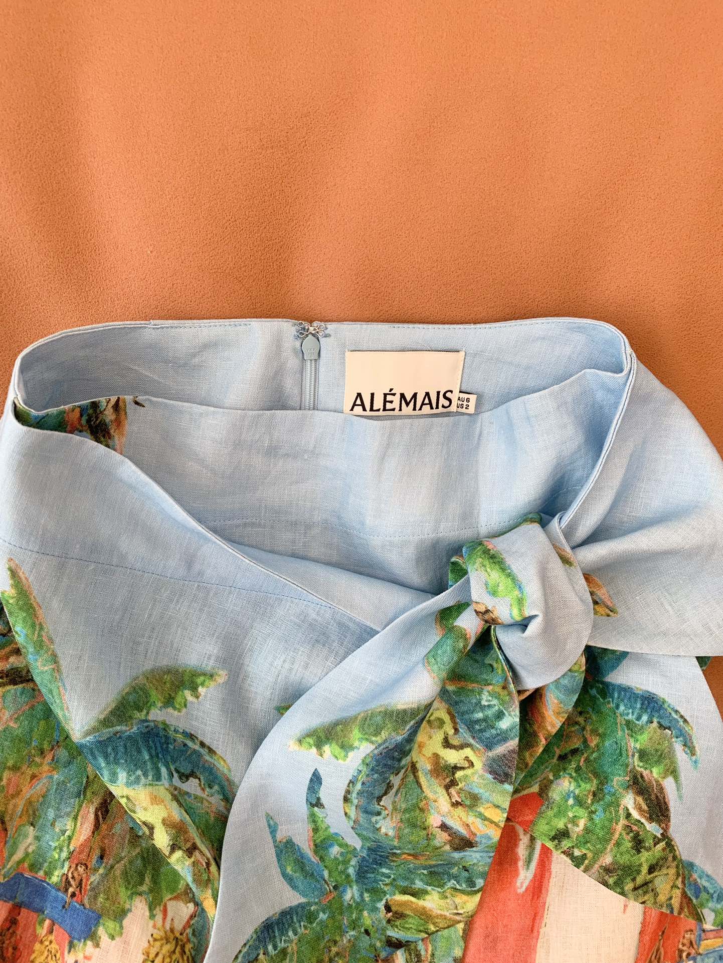 Alemais x Adam Lester All Aboard mini skirt shirt set ocean blue linen rolled cuffs self-tie fastening 2409035AL