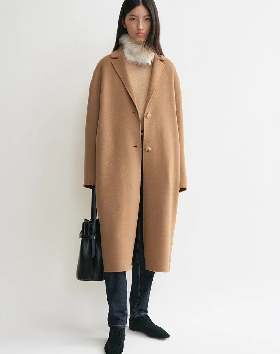 Toteme wool coat camel brown drop shoulder camel brown side slit pockets mid-length 2410024TT