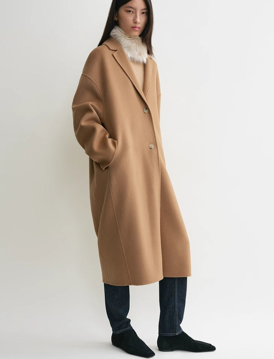 Toteme wool coat camel brown drop shoulder camel brown side slit pockets mid-length 2410024TT