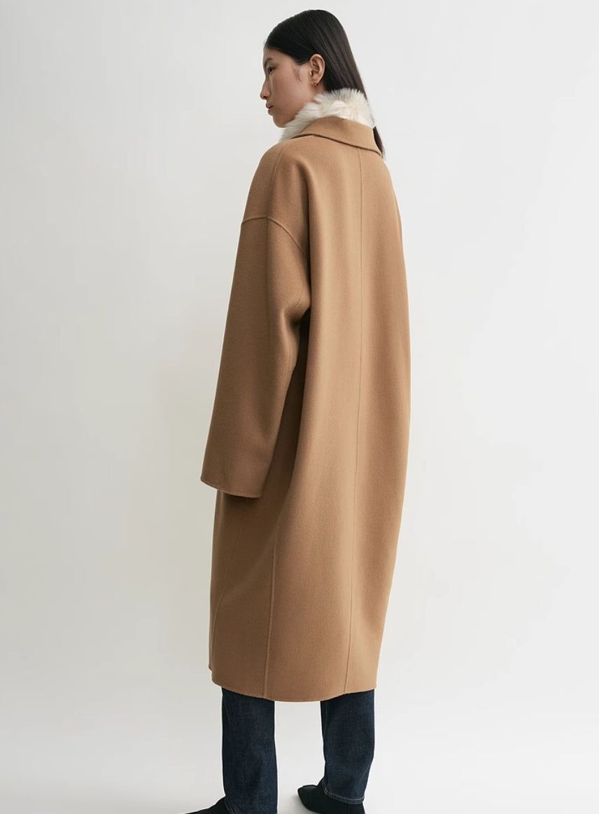 Toteme wool coat camel brown drop shoulder camel brown side slit pockets mid-length 2410024TT