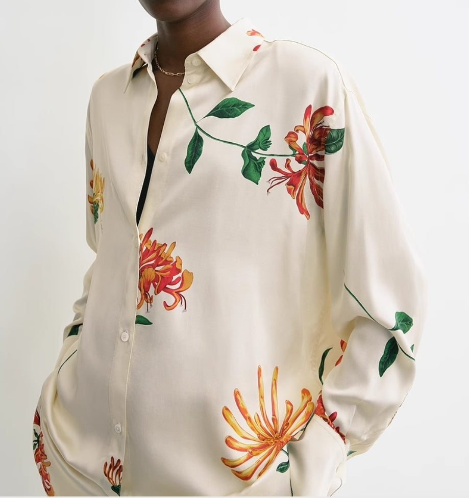 Toteme honeysuckle shirt Viscose white satin honeysuckle print long sleeves long sleeves 2410025TT