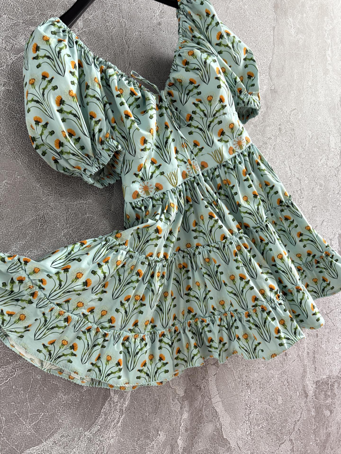 Agua Mini Dress cotton light green rear zip floral print embroidery waist V-neck short puff sleeves 2504109Agu
