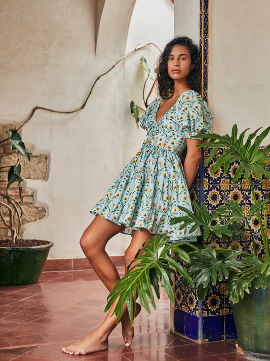 Agua Mini Dress cotton light green rear zip floral print embroidery waist V-neck short puff sleeves 2504109Agu