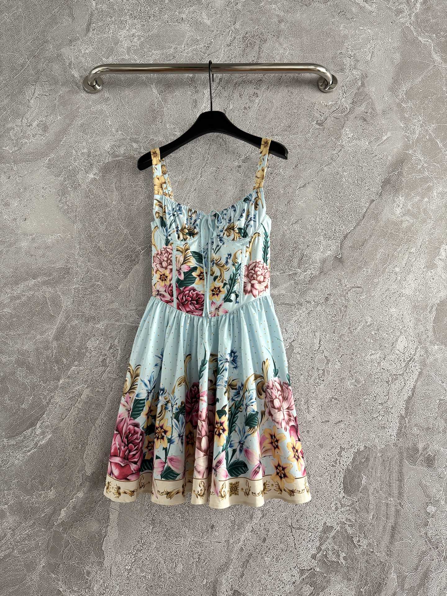 Agua mini dress blue floral print cotton sleeveless drawstring adjustable bust high waist side-zip 2504113Agu