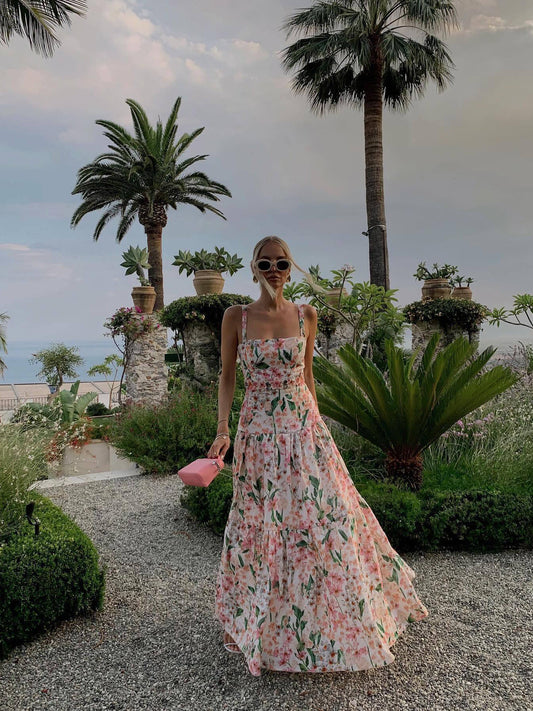 Agua sleeveless maxi dress pink floral print ruffles embroidery waist back-zip elastict strape 2504110Agu