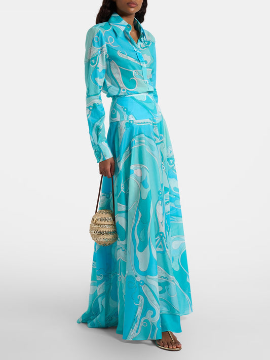 Pucci Orchidee-print cotton shirt max skirt long sleeves hight waist side-zip 2603002Pucci