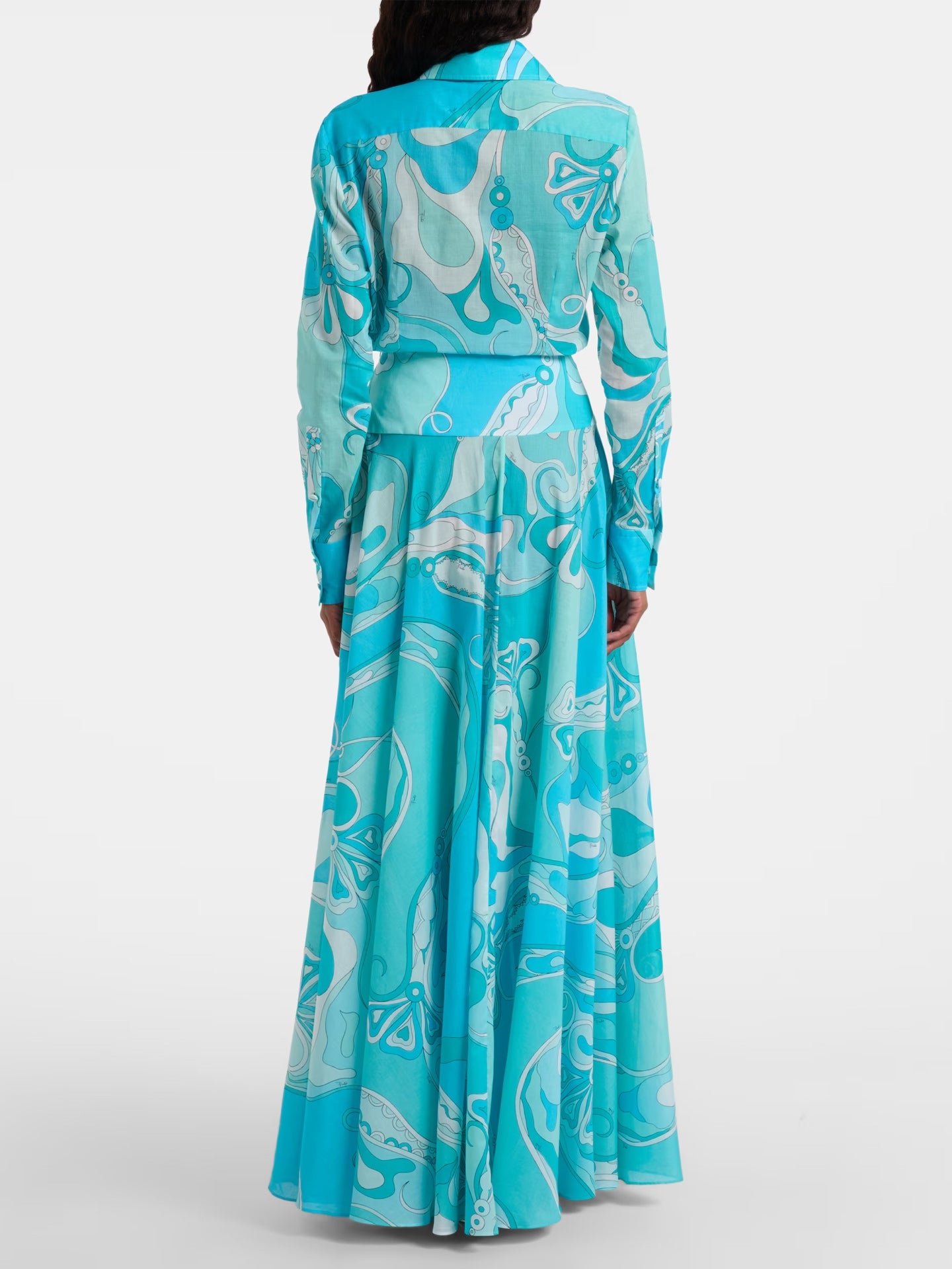 Pucci Orchidee-print cotton shirt max skirt long sleeves hight waist side-zip 2603002Pucci