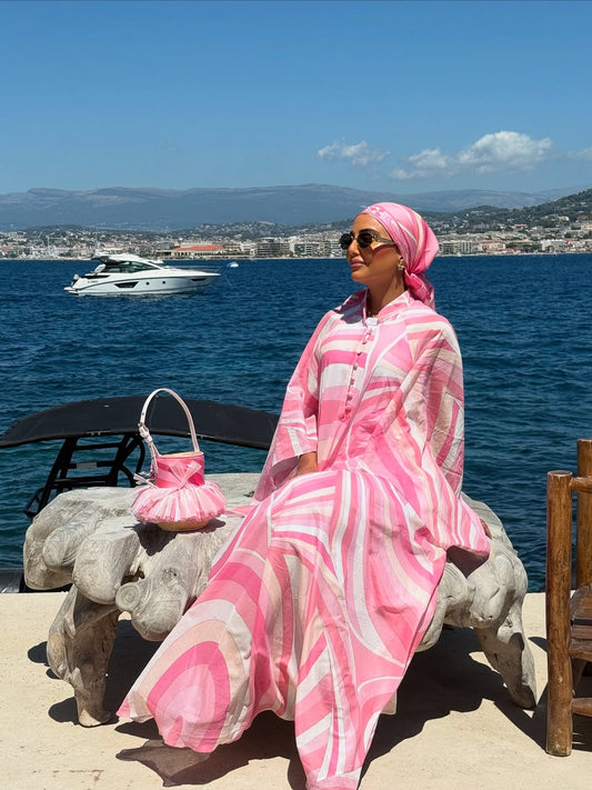 Pucci Pink Swirl Print Flowy Maxi Dress Open Sleeve Button Fasten Cotton 2603003Pucci