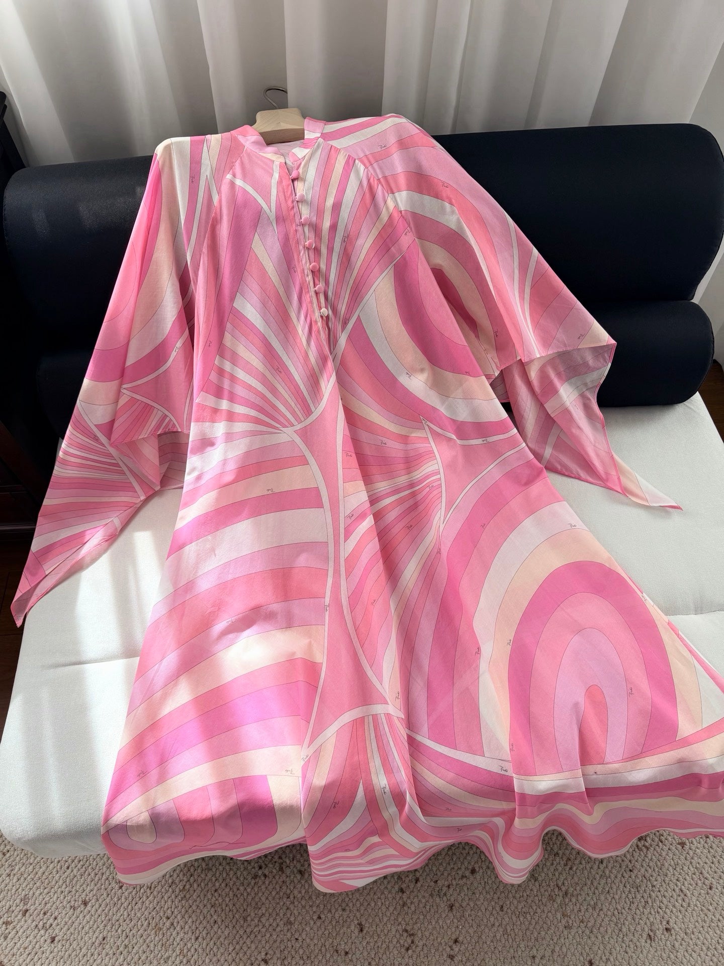 Pucci Pink Swirl Print Flowy Maxi Dress Open Sleeve Button Fasten Cotton 2603003Pucci