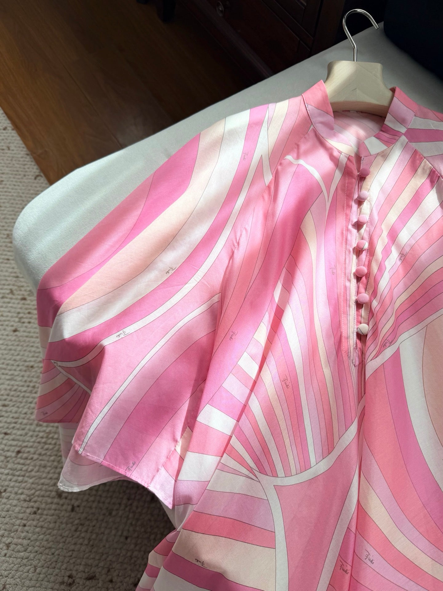 Pucci Pink Swirl Print Flowy Maxi Dress Open Sleeve Button Fasten Cotton 2603003Pucci