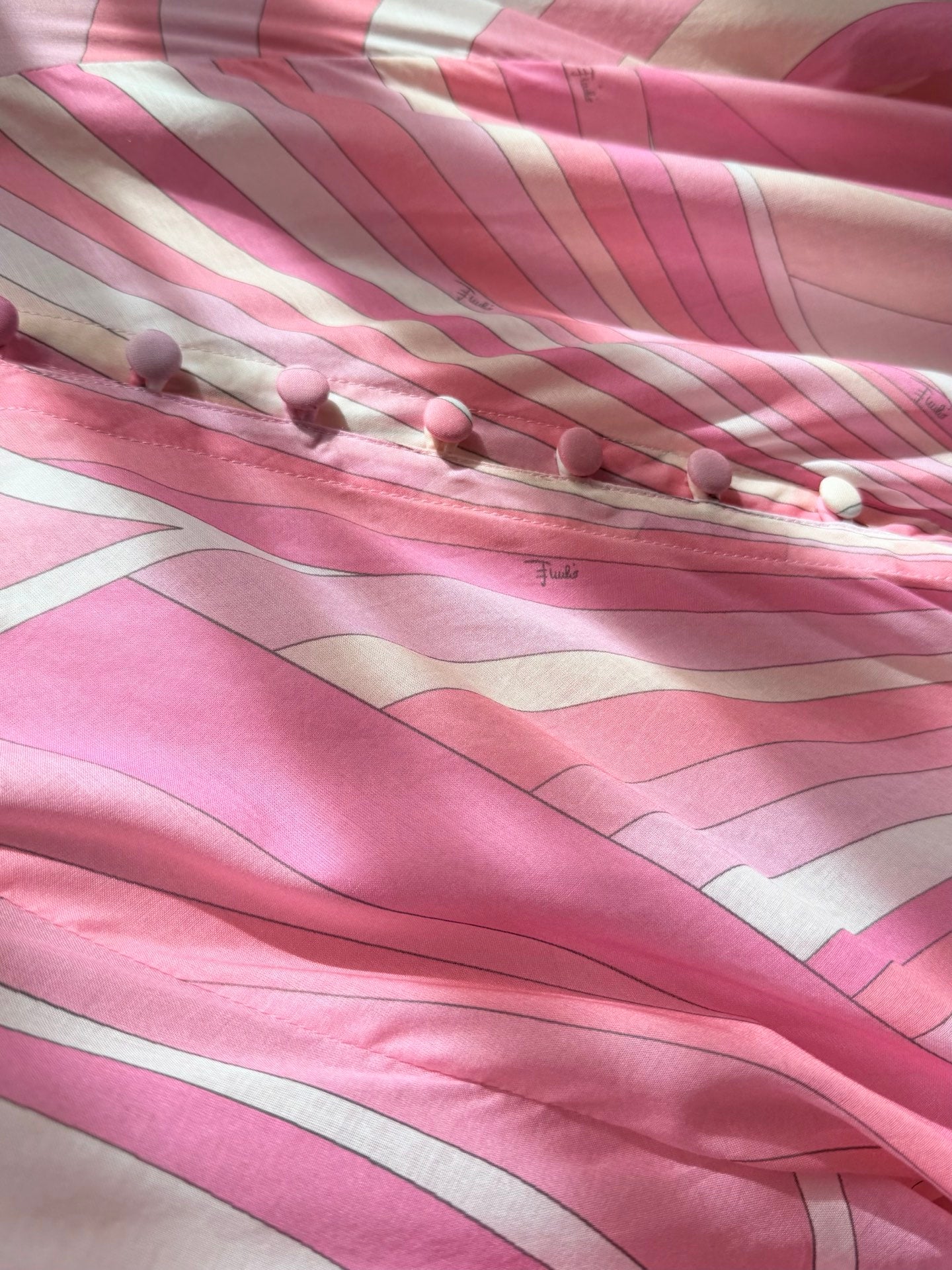 Pucci Pink Swirl Print Flowy Maxi Dress Open Sleeve Button Fasten Cotton 2603003Pucci