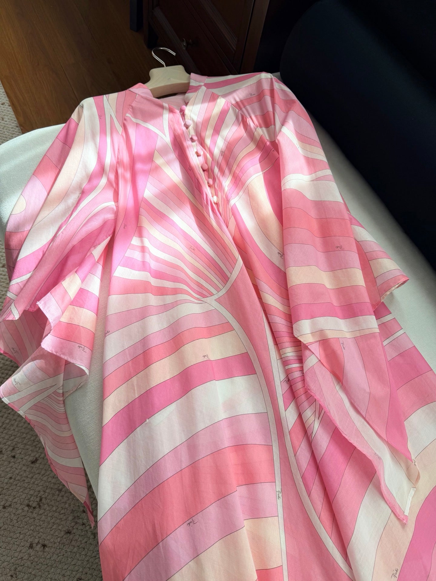 Pucci Pink Swirl Print Flowy Maxi Dress Open Sleeve Button Fasten Cotton 2603003Pucci
