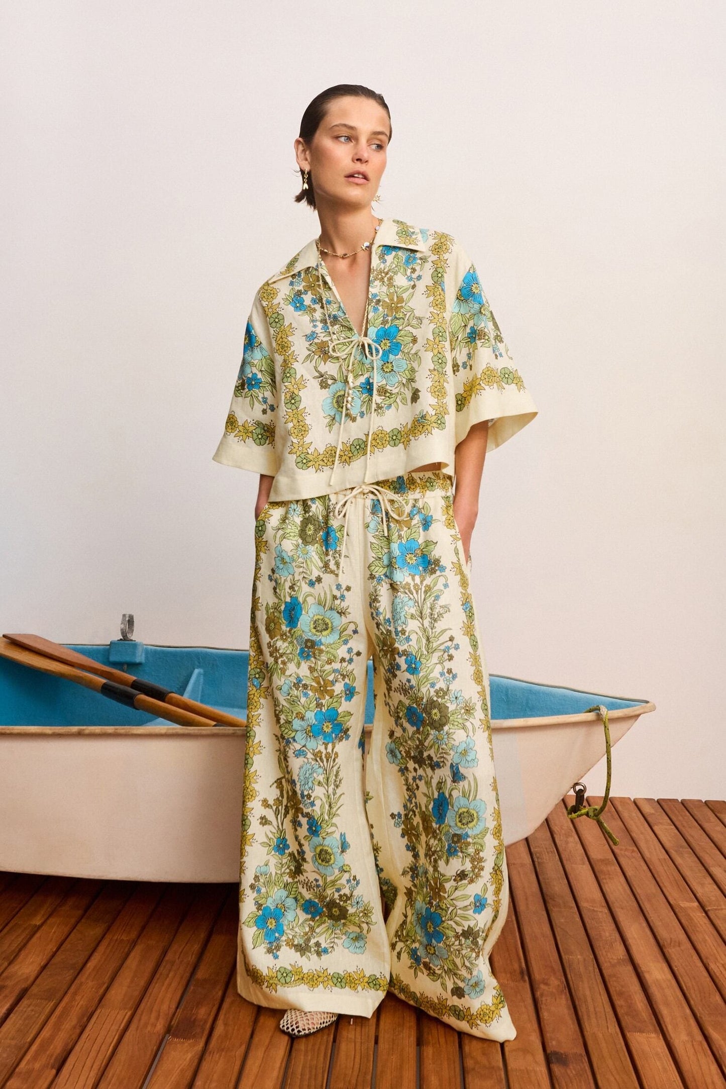 Alemais Women 100% Linen Two‑Piece Set Vintage Floral Cropped Top Wide Leg Pants Outfit 2608047AL