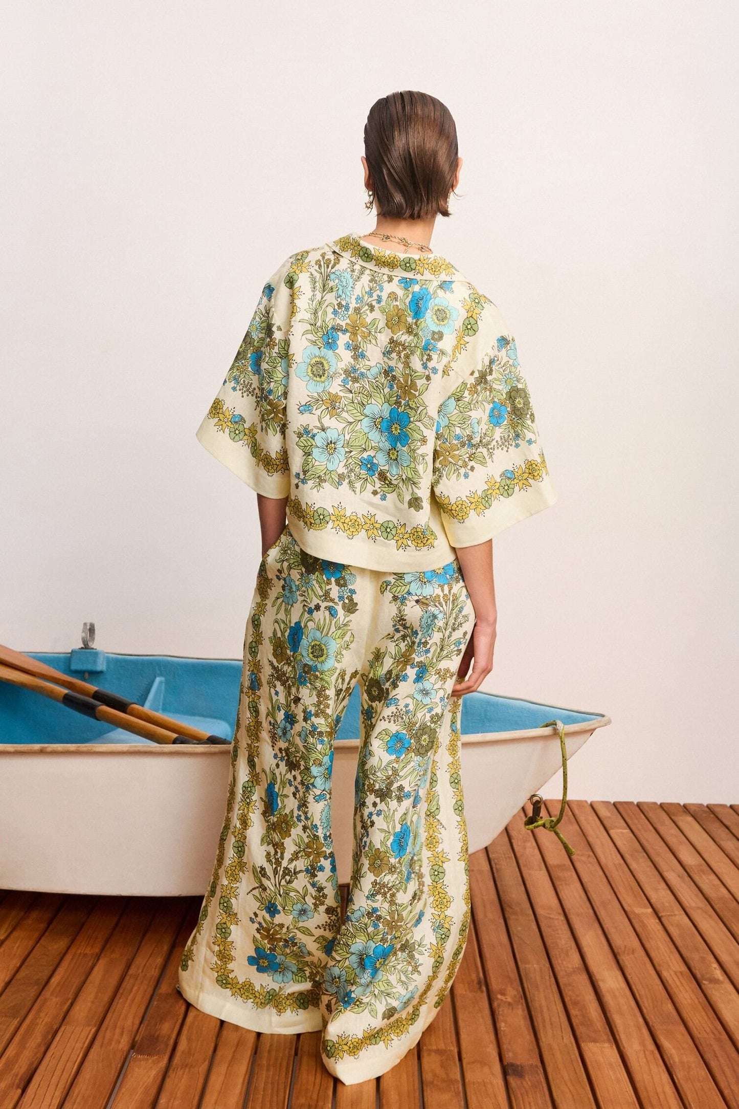 Alemais Women 100% Linen Two‑Piece Set Vintage Floral Cropped Top Wide Leg Pants Outfit 2608047AL