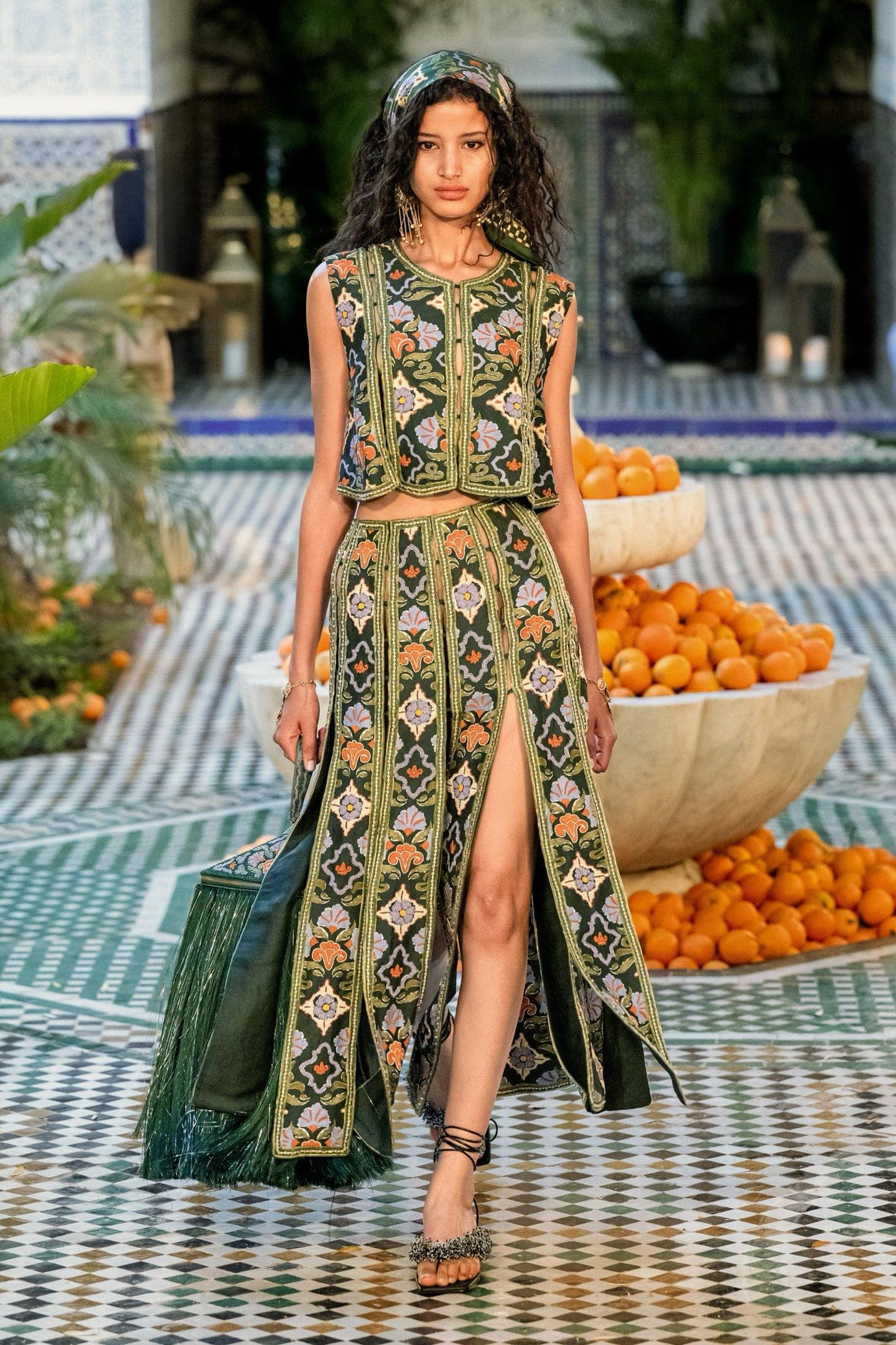 Alemais Bohemian Beaded Linen Viscose Vest Slit Maxi Skirt Two Piece Set 2608043AL