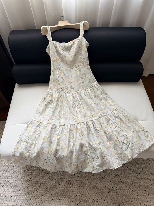 Agua Elegant Spaghetti Strap Midi Dress Floral Embroidery Polyester Shell Linen Lining Dress