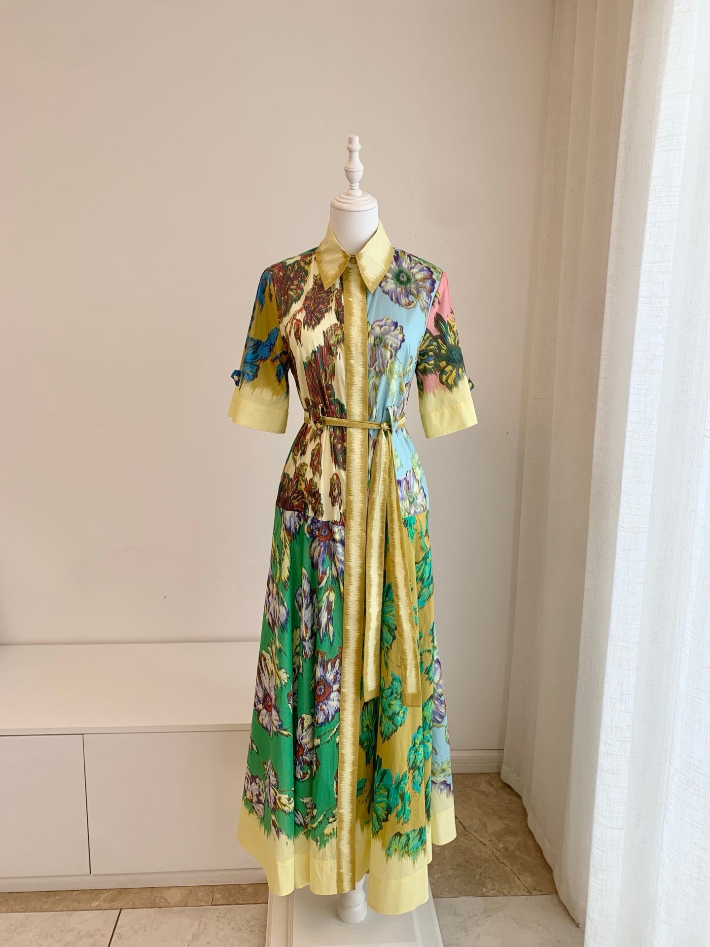 Alemais Vintage Floral Print Shirt Maxi Dress Lapel Collar Short Sleeve Belted Cotton Dress 2608009AL
