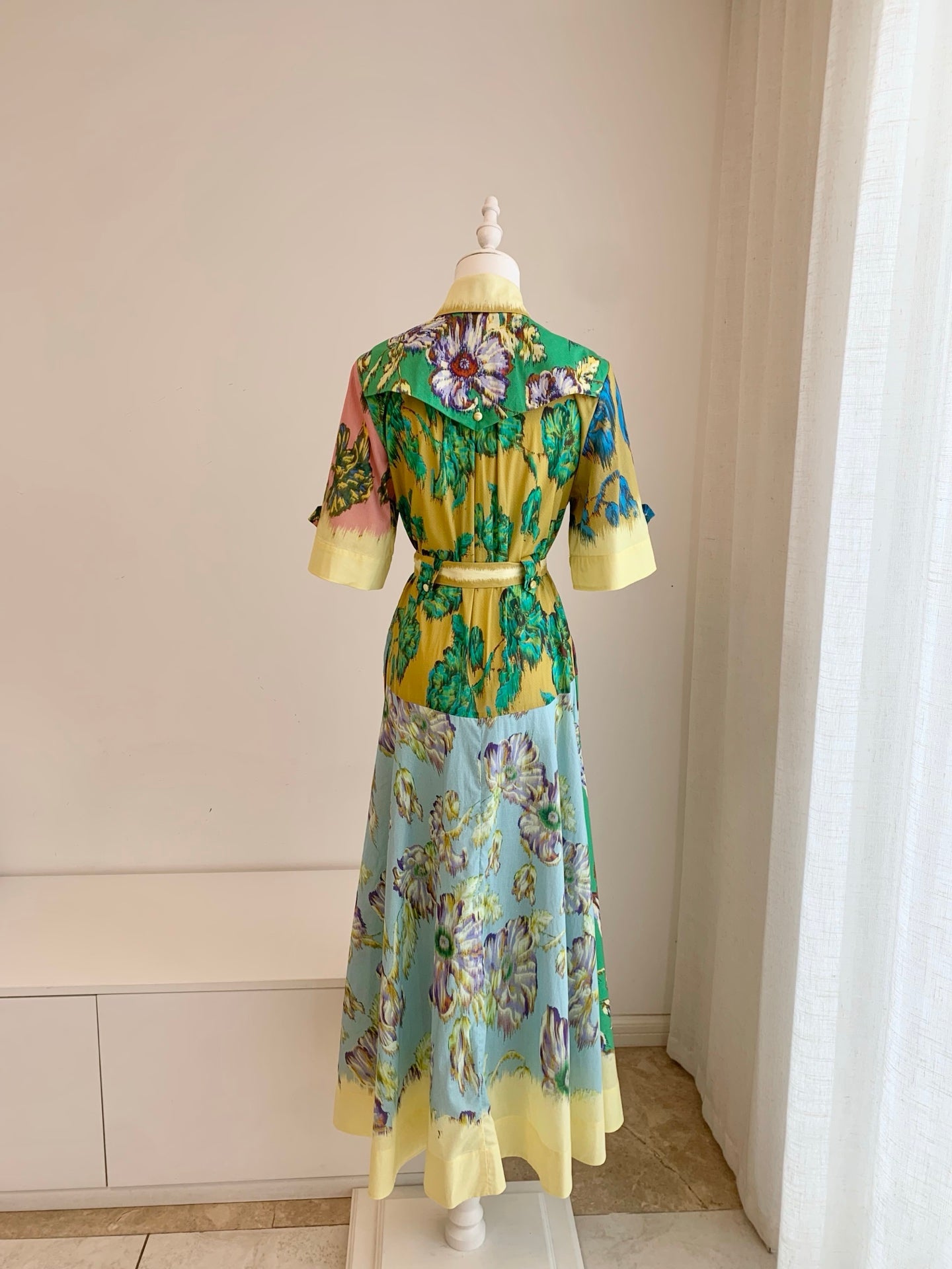 Alemais Vintage Floral Print Shirt Maxi Dress Lapel Collar Short Sleeve Belted Cotton Dress 2608009AL