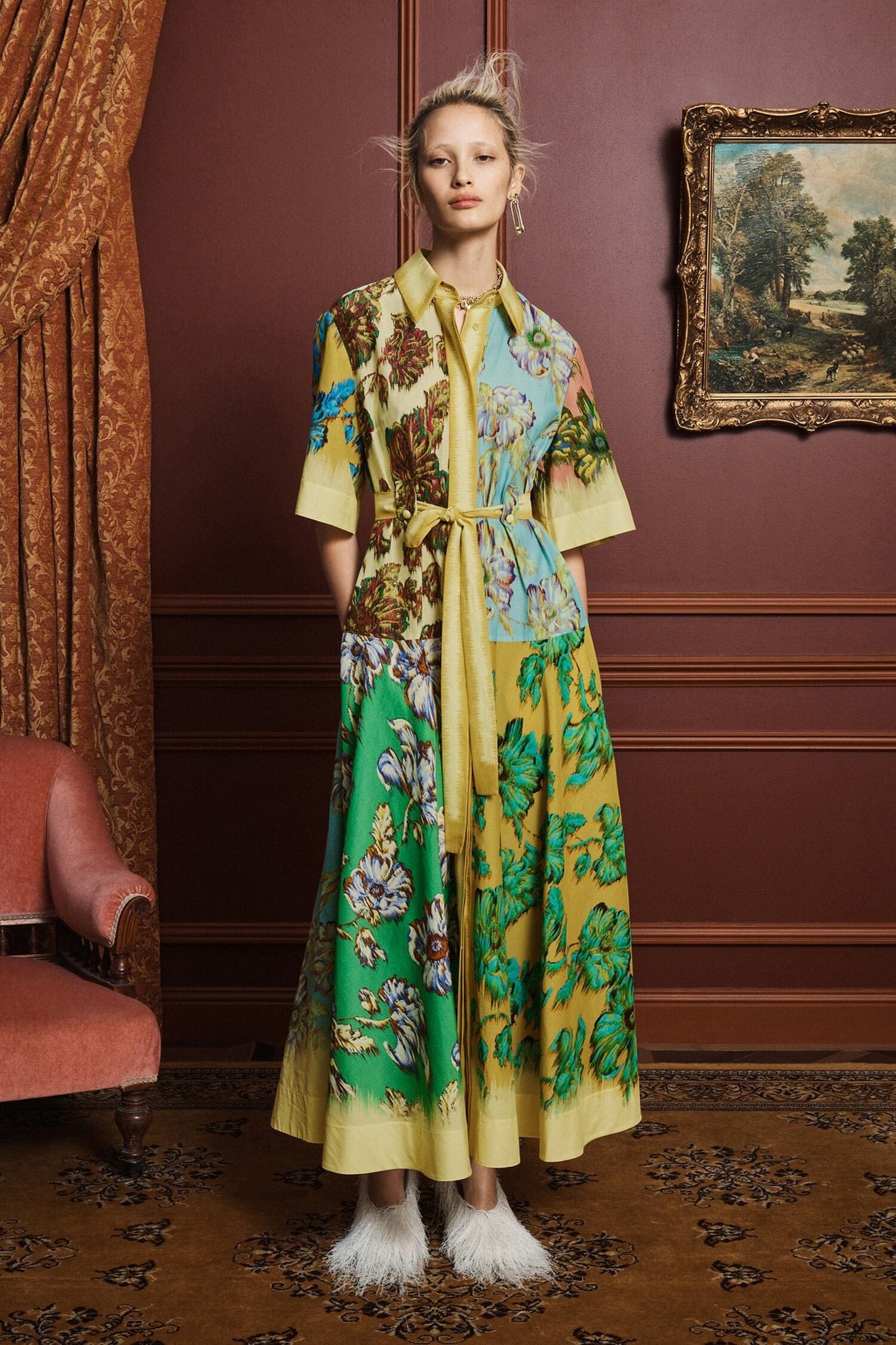 Alemais Vintage Floral Print Shirt Maxi Dress Lapel Collar Short Sleeve Belted Cotton Dress 2608009AL