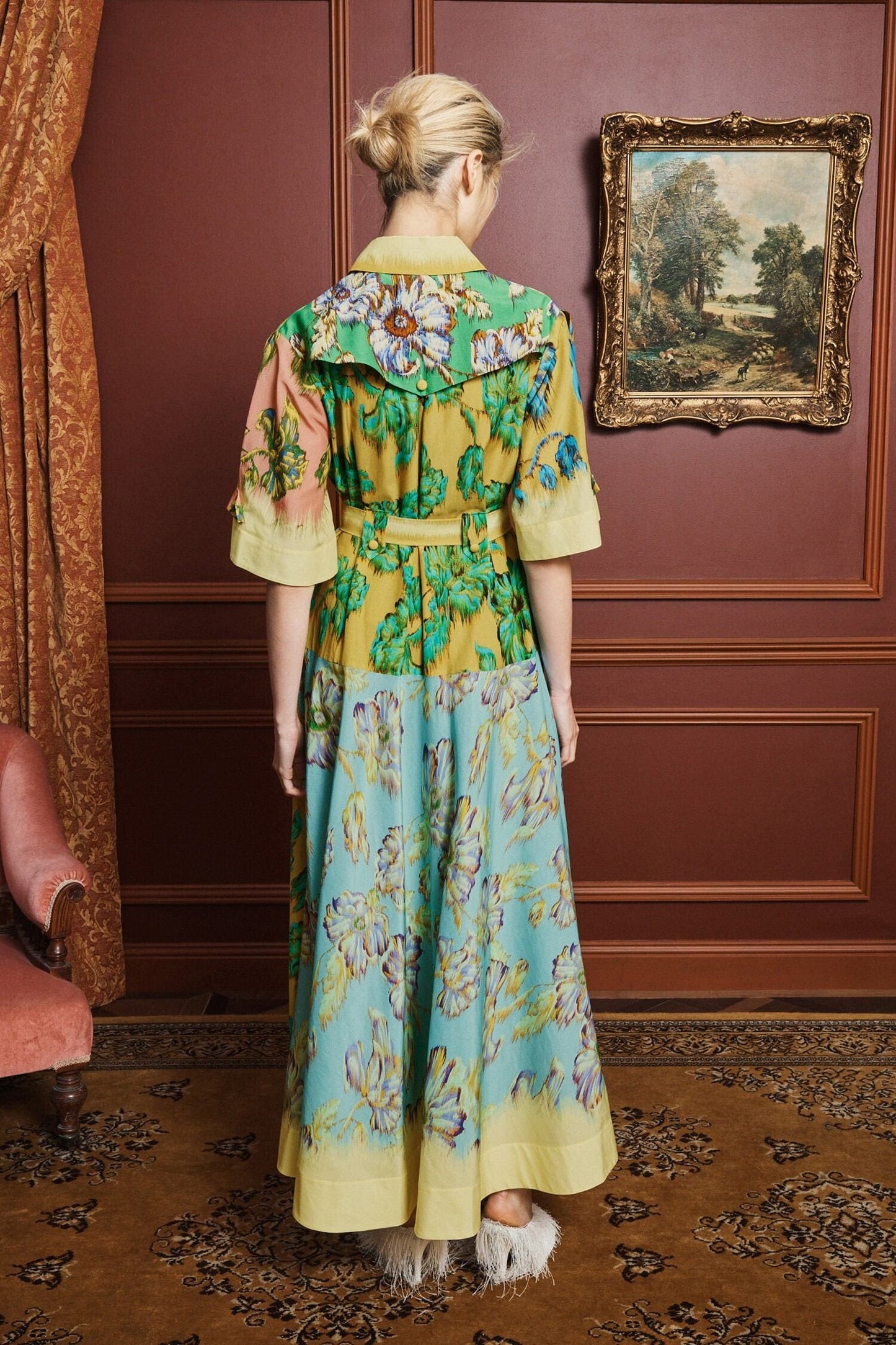 Alemais Vintage Floral Print Shirt Maxi Dress Lapel Collar Short Sleeve Belted Cotton Dress 2608009AL