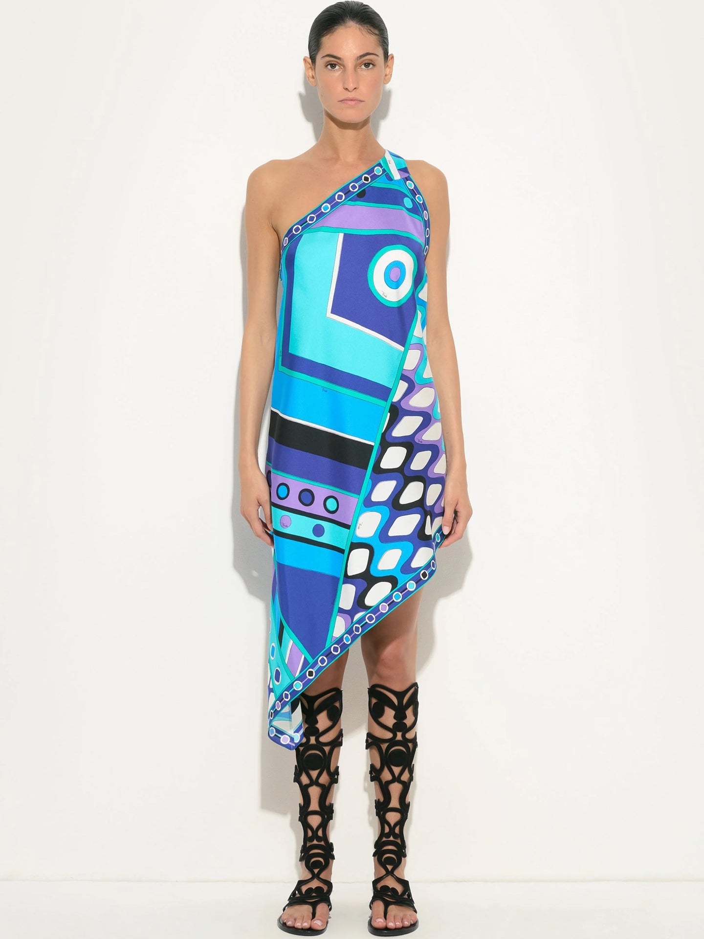Pucci Women 100% Silk One‑Shoulder Midi Dress Retro Geometric Asymmetrical Hem 2608070Pucci