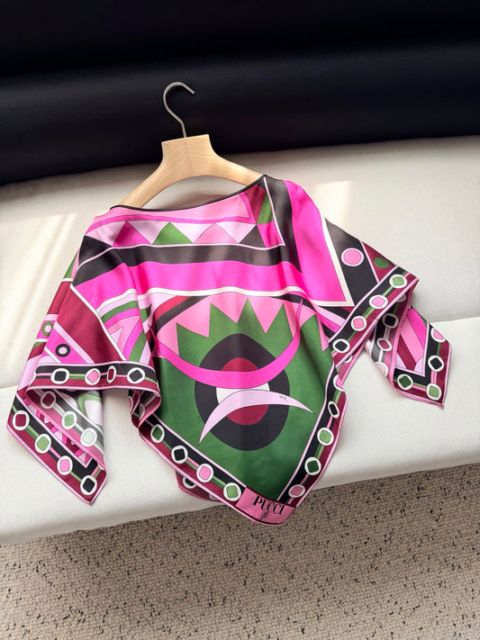 Pucci Trendy Colorful Geometric Silk Cape Blouse Casual Batwing Sleeve Ladies Top 2604097Pucci