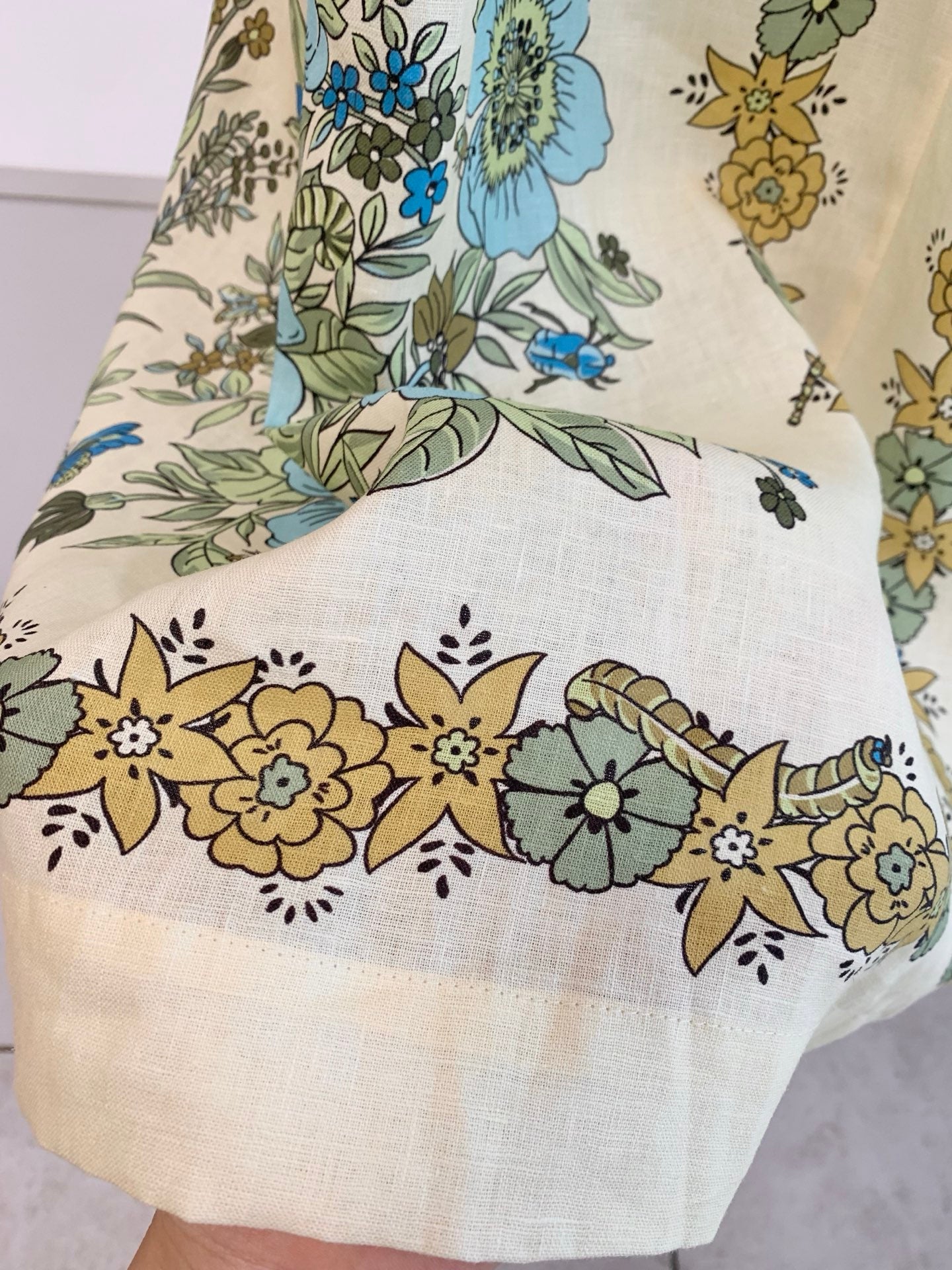Alemais Spaghetti Strap Midi Dress Vintage Retro Floral Linen Front Tie Tiered Swing Skirt 2608083AL