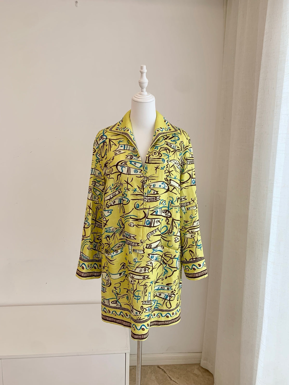 Alemais Resort Wear Abstract Marine Print European Linen Collared Mini Dress 2608081AL