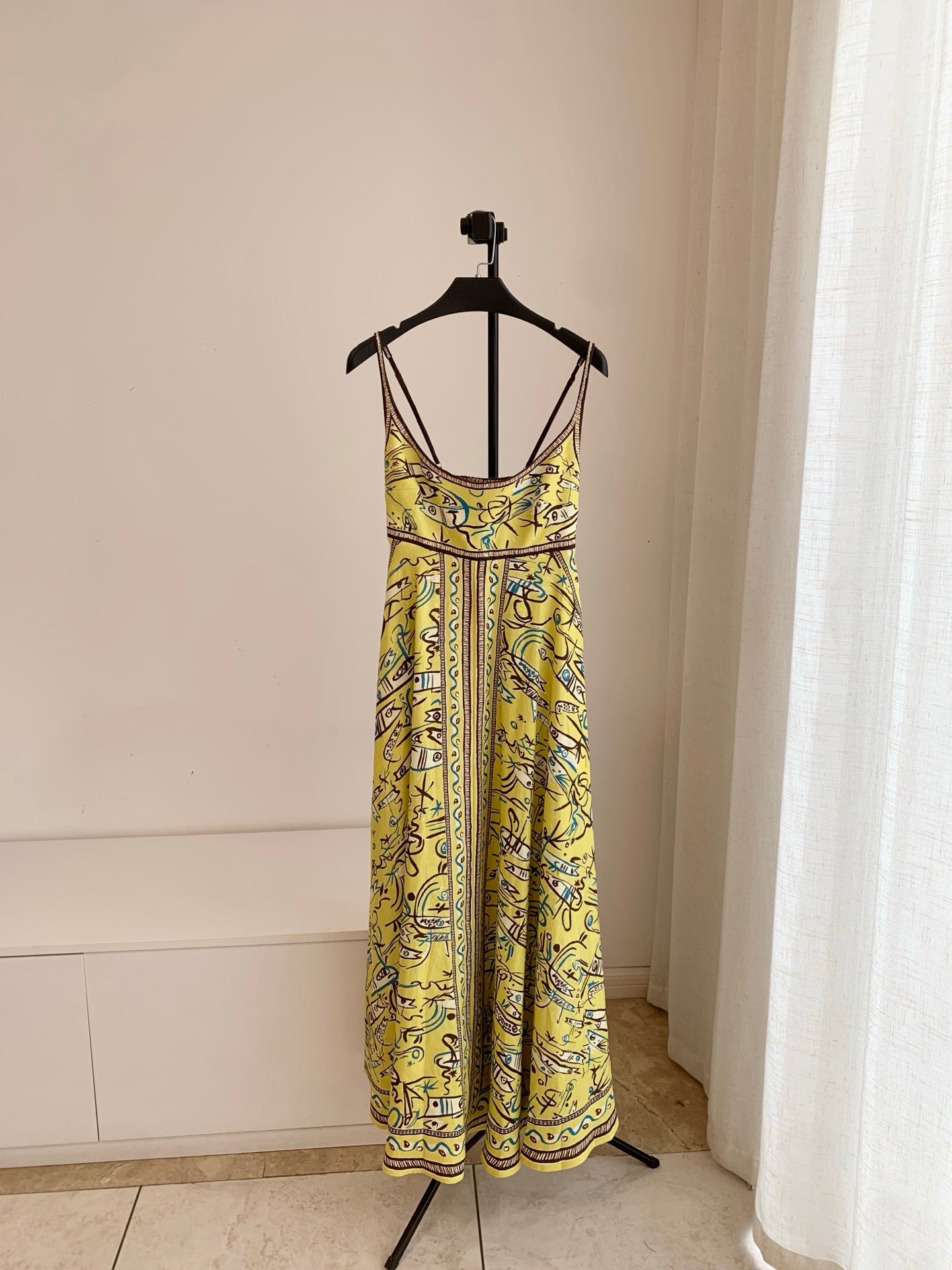 Alemais Yellow Abstract Sea Print Spaghetti Strap Maxi Dress Soft Linen Vacation Attire 2609025AL