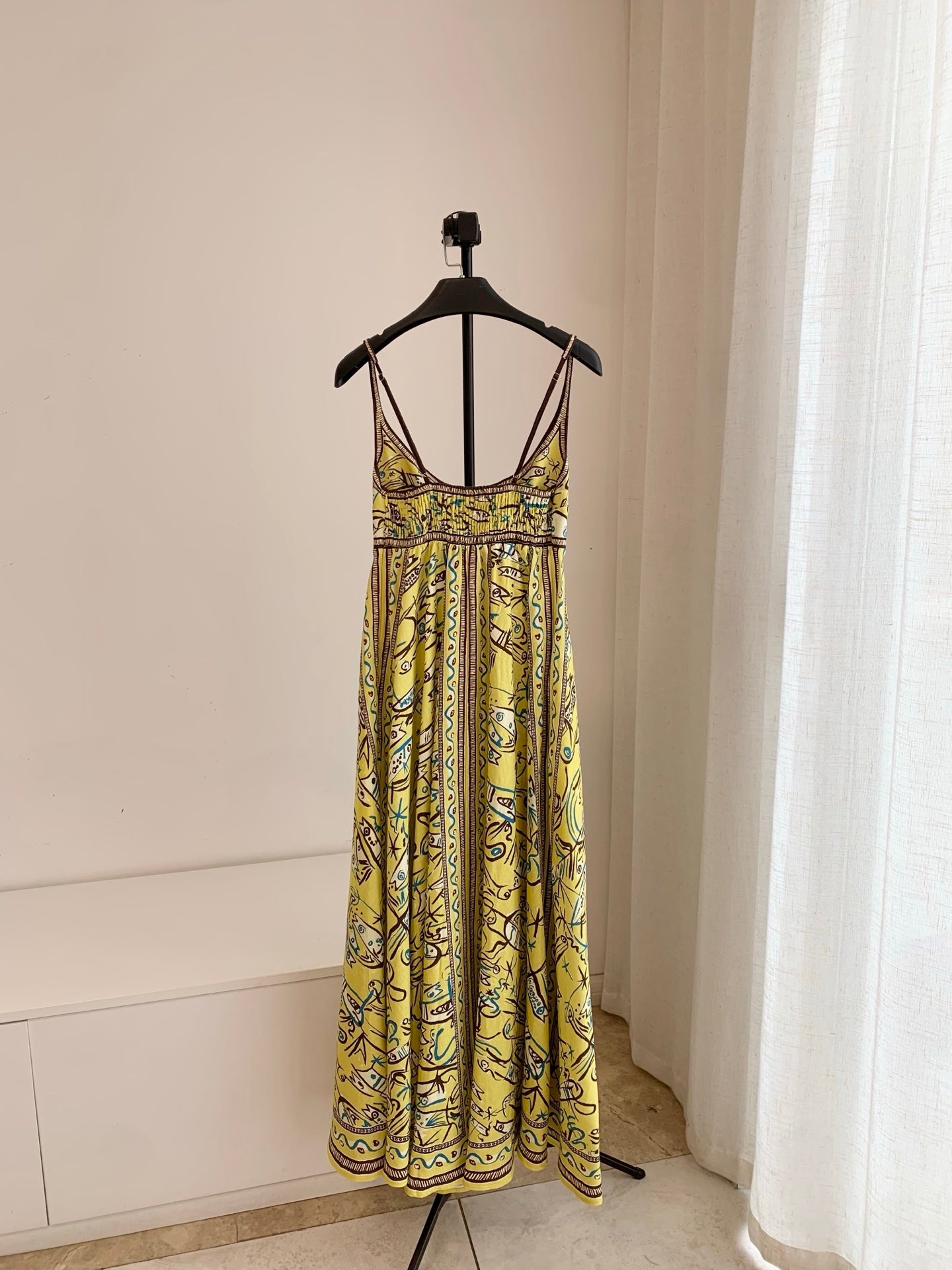 Alemais Yellow Abstract Sea Print Spaghetti Strap Maxi Dress Soft Linen Vacation Attire 2609025AL