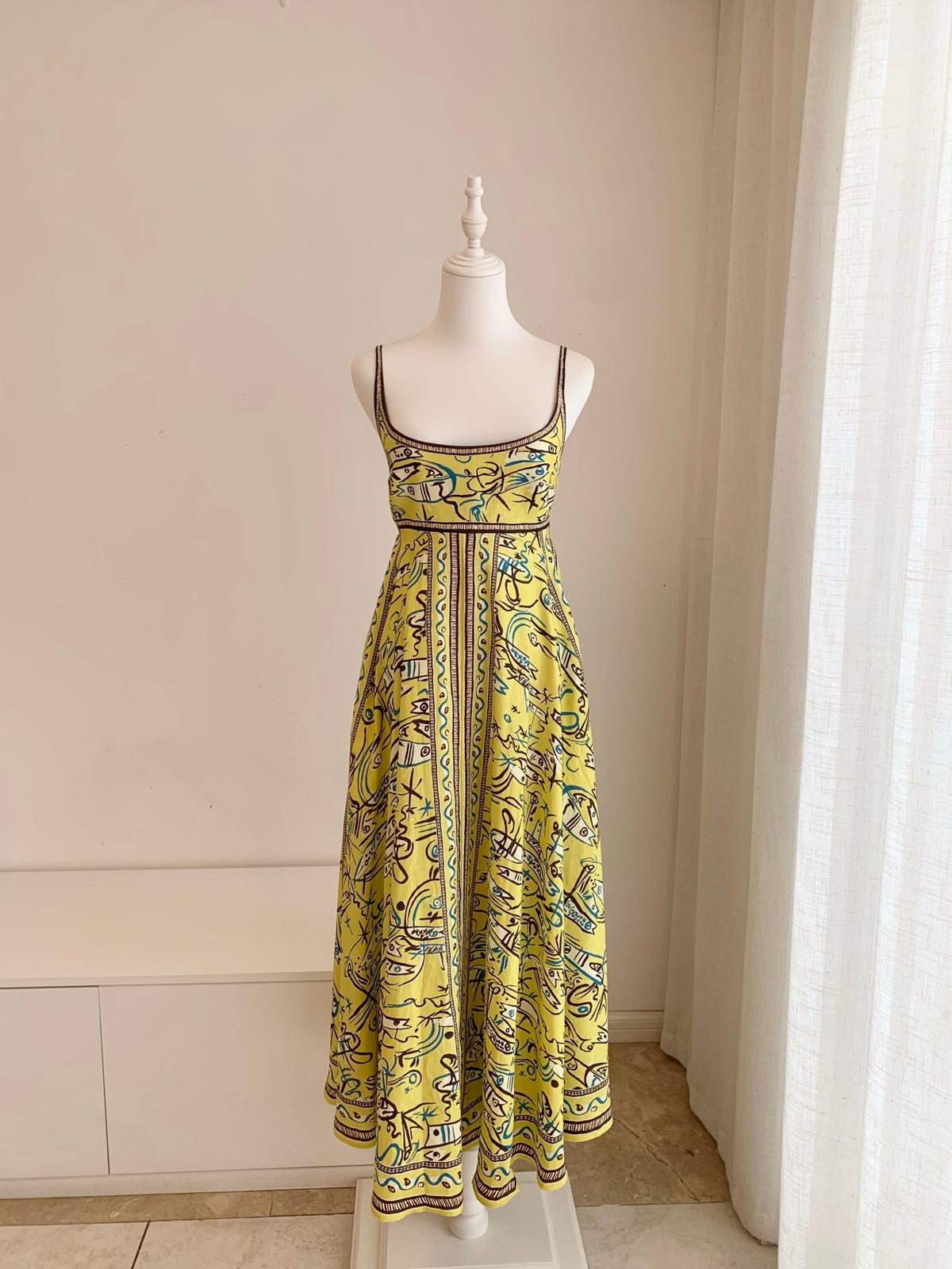 Alemais Yellow Abstract Sea Print Spaghetti Strap Maxi Dress Soft Linen Vacation Attire 2609025AL